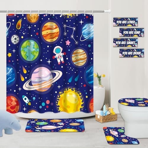 4 Pcs Kids Bathroom Set Cartoon Outer Space Shower Curtain Sets with Non-Slip Rugs Toilet Lid Cover and Bath Mat Set, Kids Boy Bathroom Decor with 12 Hooks