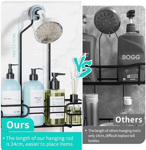 HapiRm Hanging Shower Caddy Organizer - Bathroom Organizer with 12 Hooks and Soap Holder, Rustproof Shower Shelf over Shower Head - Black