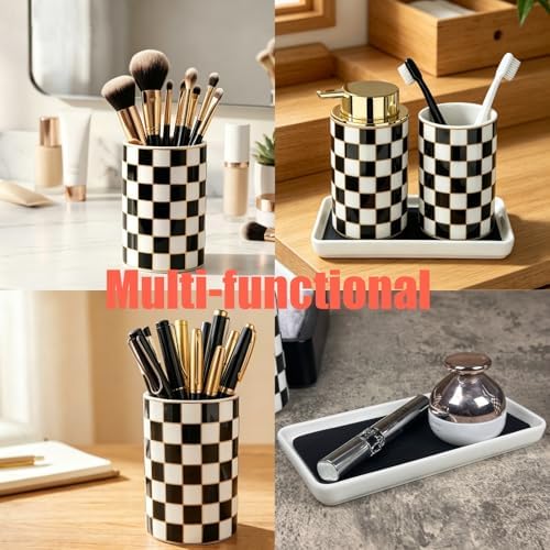 Black Gold Checkered Bathroom Accessories Set - Ceramic Soap Dispenser and Toothbrush Holder with Tray, Modern Black White Decor Lotion Dispenser for Bathrooms Kitchen Guest Room, Housewarming Gift