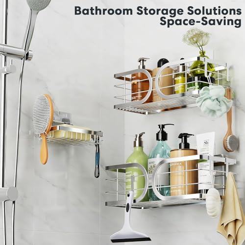 Shower Caddy 3 Pack with Soap Holder No Drill Wall Mounted 304 Stainless Steel Durable Large Capacity Adhesive Shower Rack Organiser Quick Dry Rustproof Bathroom Storage Shelves(Silver)