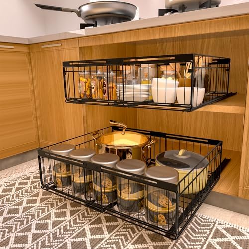 2Pack Expandable Pull Out Cabinet Organizer Adjustable Width 13"-20", Kitchen Organization with Adhesive.Bathroom Under Sink Organizers and Storage,Bedroom Slide out Drawers,Pantry
