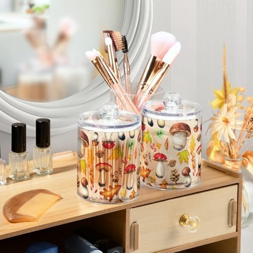 DOMIKING Mushroom Maple Leaf Beige 2 Pack Cotton Swab Holder Dispenser Plastic Jar Bathroom Storage Canister Acrylic Containers for Sponges Cotton Ball Floss Makeup