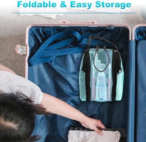 Cosmos Mesh Shower Caddy Toiletry Organizer Hanging Shower Tote Bag, Quick Dry Shower Organizer Portable Bath Bag with Durable Zippers & Side Pockets for Travel Gym Swimming Beach & Camp (Aqua Blue)