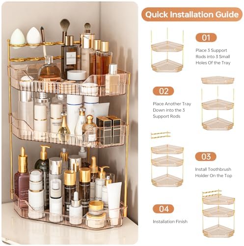 Corner Bathroom Counter Organizer with Makeup Brush Holder & Toothbrush Holders, Makeup Organizer for Vanity Countertop, Acrylic Skincare Storage Shelf (Amber, 3-Tier)