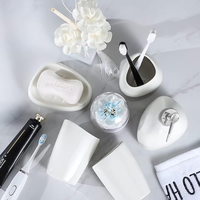 Ceramic Bathroom Accessory Set, 7 Pieces Countertop Accessories, Include Soap Dispenser, Toothbrush Holder, 2 Tumbler Cup, Soap Dish, Plastic Vanity Tray, Qtip Holder (White)