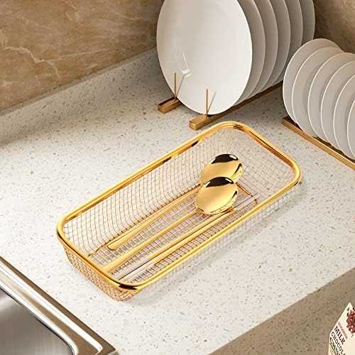 Kitchen Flatware Drawer Organizer, 2pcs Stackable Mesh Cabinet Storage Basket, Stainless Steel Kitchen Utensils Filter Drying Rack Holder for Knives, Fork, Spoon Chopsticks (Blue)