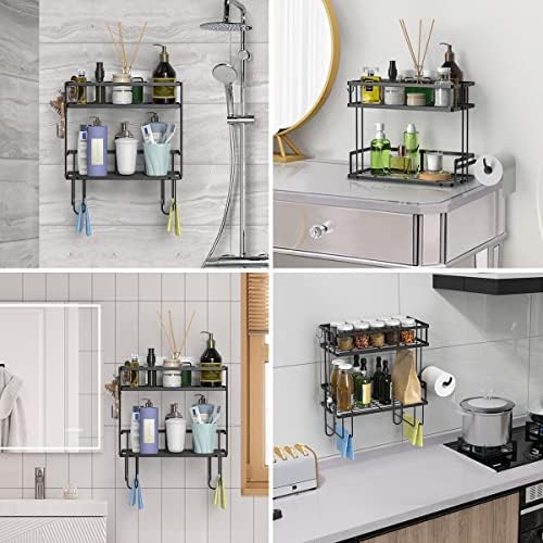 FLOLXNB Over The Toilet Storage Shelf, 2-Tier Bathroom Storage Organizer Upgrade Punch-Free Toliet Storage Shelf, Home Storage Rack with Hooks Shelf,Black