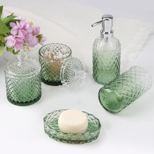 5Pcs Glass Bathroom Accessories Set,Green Vintage Bathroom Accessory Set