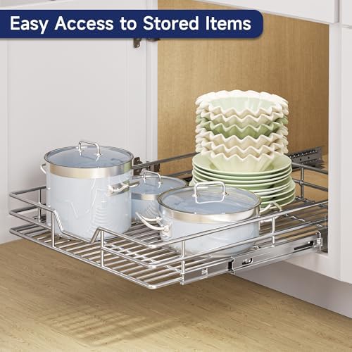 Pull Out Cabinet Organizer, 25.5" W x 21.5" D, Heavy Duty Chrome Slide Out Shelf for Wide Base Cabinets, Sliding Wire Basket Drawer for Pots, Pans, Appliances & Pantry Storage