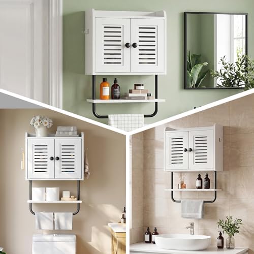 HOOBRO Medicine Cabinet, Double Doors Bathroom Wall Cabinet with Towel Bar, Adjustable Shelf, 2 Hooks, Over The Toilet Storage Cabinet, for Bedroom, Kitchen, White BW46CW01
