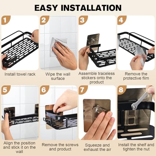No-Drill Adhesive Shower Caddy, Black Aluminum Shelves 2-Pack