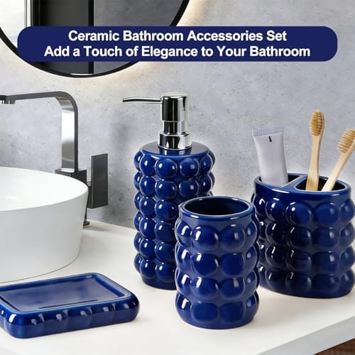 4 Piece Ceramic Bathroom Accessories Set –Soap Dispenser,Toothbrush Holder,Tumbler & Soap Dish,Includes Silicone Funnel,Non-Slip,Modern Farmhouse Countertop Organizer Set for Bathroom Decor, Navy Blue