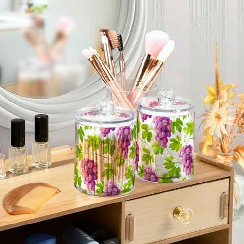 DOMIKING Watercolor Grape White 2 Pack Cotton Swab Holder Dispenser Plastic Jar Bathroom Storage Canister Acrylic Containers for Cotton Ball Floss Picks Hair Clips