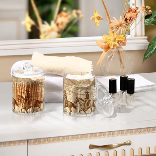Apothecary Jars Bathroom Storage Organizer with Lid - 14 oz Qtip Holder Dispenser, Western Desert Cowboy Clear Plastic Canister for Cotton Swab, Cotton Ball, 2PCS