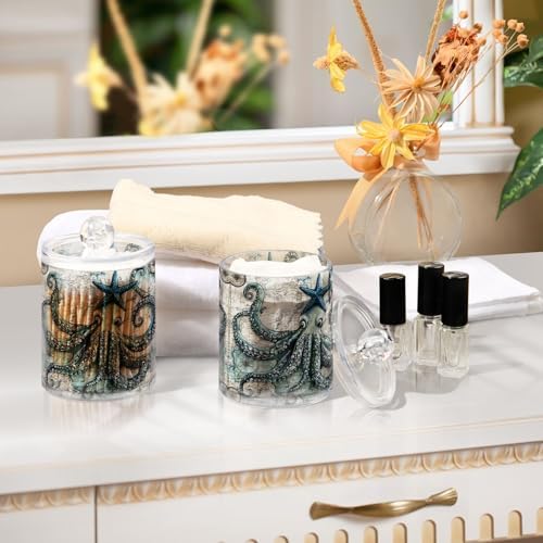 MNSRUU 2 Pack Qtip Holder Organizer Dispenser Ocean Sea Animal Octopus Bathroom Storage Canister Cotton Ball Holder Bathroom Containers for Cotton Swabs/Pads/Floss