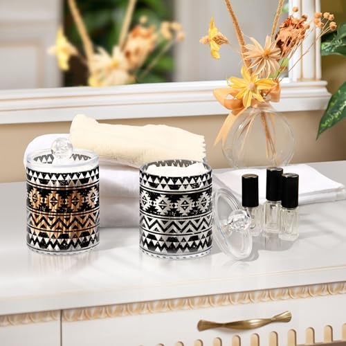 2 Pack Plastic Qtips Holder Aztec Tribe Pattern Black Stripe Bathroom Organizer Canisters for Cotton Balls/Swabs/Pads/Floss,Plastic Apothecary Jars for Vanity