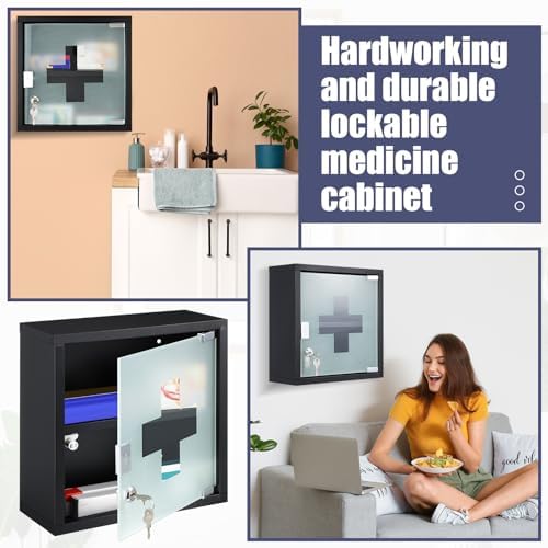 Timgle First Aid Wall Cabinet with Lock Medicine Wall Mounted Bathroom Storage Hanging Medical Cabinet with Safety Glass Door for Bathroom(2 Shelves,Black)
