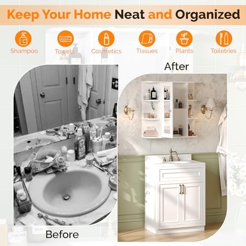 VINGLI Mirror Medicine Cabinet Wall Mounted, Bathroom Storage Organizer Over Toilet with 6 Open Curved Shelves, Adjustable Vanity Cupboard with Single Door for Entryway & Living Room, White