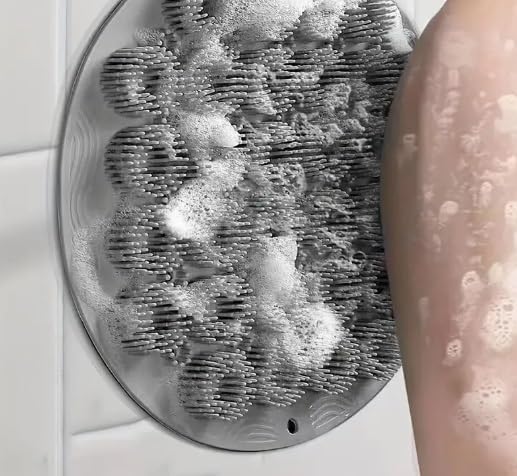 Nazarians Wall-Mounted Silicone Shower Scrubber- Hands-Free Back & Foot Body Scrub with Suction Cups, Gray - Gentle & Effective Bathroom Scrubber for Men & Women - Durable Design for Daily Shower Use