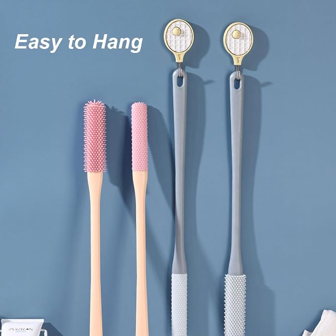 Long Handled Silicone Toe Crevice Cleaning Brush & Exfoliating Brush, 2025 New Soft Rubber Toe Cleaning Tool, Foot Scrubber Shower Feet Care for Seniors, Elderly, Men and Women (Pink+Grey)