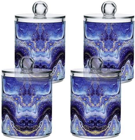 MNSRUU 4 Pack Qtip Holder Organizer Dispenser Purple Blue Marbling Bathroom Storage Canister Cotton Ball Holder Bathroom Containers for Cotton Swabs/Pads/Floss