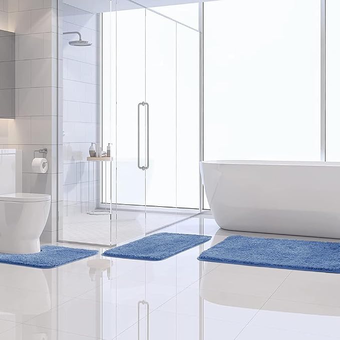 MIULEE Blue Bathroom Rugs Set 2 Piece Soft Bath Mats 20x24+20x30 Inch | Absorbent Microfiber Bath Mat and U-Shaped Toilet Rug, Non Slip, Quick Dry, for Bathroom Floor Tub Showers, Machine Washable