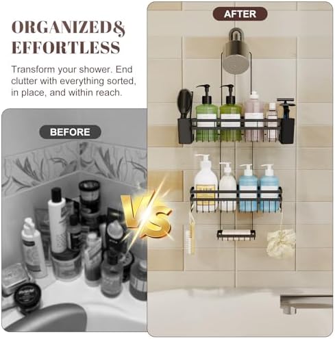 Shower Caddy Hanging for Bathroom Organizers and Storage,3 Tier Adjustable Anti-Swing Shower Organizer Hanging with Heavy-Duty Suction Cups, Damage-Free Rustproof (Black)
