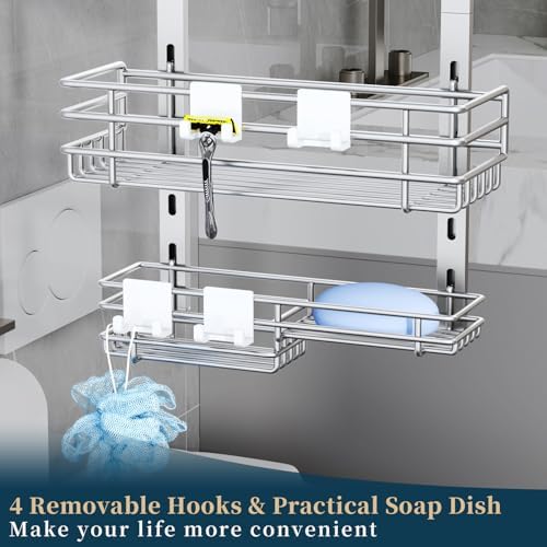 Consumest Over The Door Shower Caddy - 5 Tier Adjustable Shower Organizer Hanging with 2 Toothbrush Holders & 4 Hooks, Rustproof Organizer Shelf, Storage Rack for Bathroom, Silver