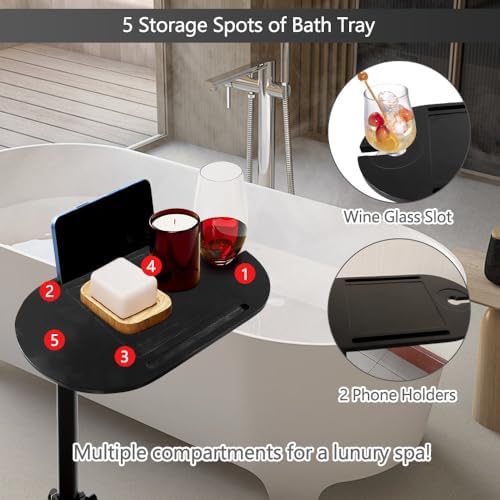3 Layer Bathtub Tray Table,Bamboo Swivel Bathtub Side Table Height Adjustable,Freestanding Bathtub Tray for Tub Against Wall,Bathtub Accessories&Bathroom Organizer for Luxury Home Spa (Black)
