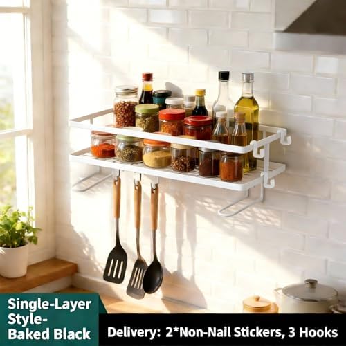 Over The Toilet Storage Rack- Bathroom Organizer Shelf, 2-Tier Floating Shelves with Hooks, No-Drill, Toilet Paper Holder for Restroom Bathroom Vanity Kitchen (White, 1 Tier)