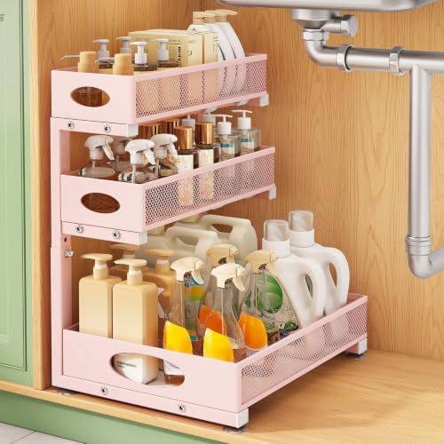 Kitstorack Under Sink Organizer 3-Tier Slide Out Drawer 1-Pack Pink