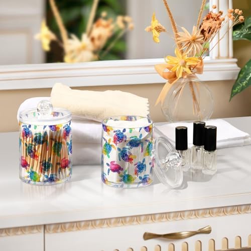 ALAZA 4pcs Multicolor Watercolor Sea Turtle Qtip Holder Dispenser 14 oz Bathroom Storage Clear Apothecary Jars Containers Cotton Ball,Cotton Rounds,Floss Picks, Hair Clips, Food