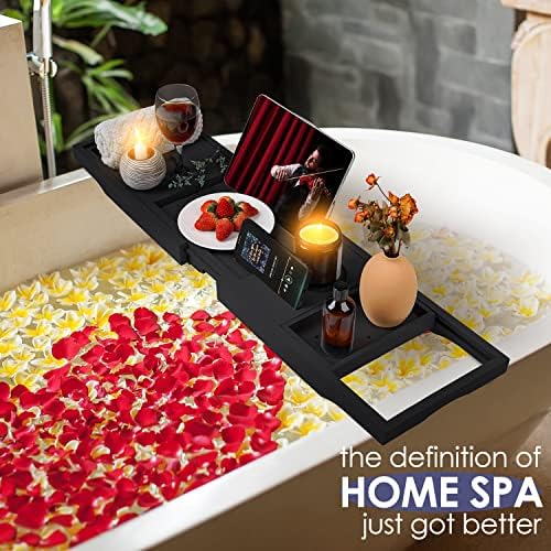 Foldable Bathtub Tray Caddy with Soap Dish Adjustable 29.5-43''Black