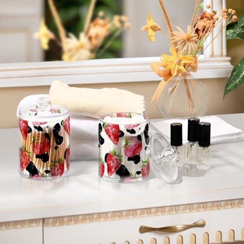 Watercolor Strawberries Cow Print Qtip Dispenser Set of 2, Apothecary Jars Bathroom Canister Storage Organization for Cotton Ball, Cotton Swab, Cotton Round Pads, Floss 10 Oz