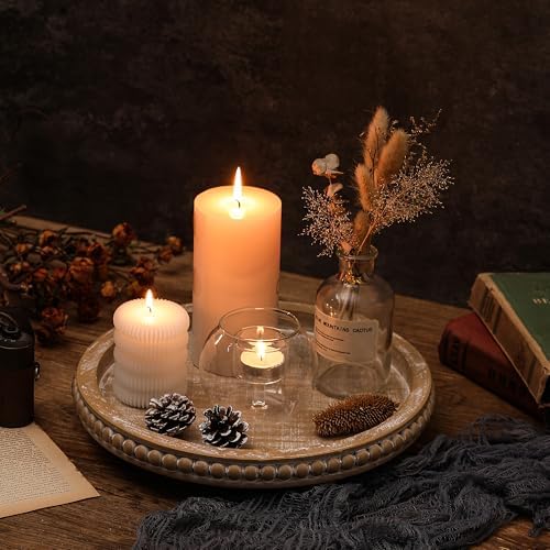 Beige Round Wooden Tray for Decor, Decorative Coffee Table Tray