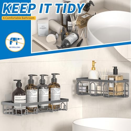 DTUQYX Shower Caddy 9 Pack,Adhesive Organizer for Bathroom Decor Accessories & Kitchen Storage,No Drilling,Large Capacity,Rustproof Stainless Steel Organizer,Home Decor Shelves (Grey 9 Pack)