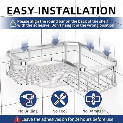 Menbyci 3 Pack Corner Shower Caddy, Adhesive Bathroom Shelves with 18 Hooks, Drill-Free & Quick-Dry Shower Organizer with Large Capacity, Rustproof Stainless Steel Bathroom Corner Storage Rack, Silver