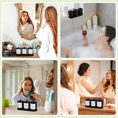 Chengu 6 Pack Cotton Swab Holder with Bamboo Lids and Trays and Labels Glass Round Swab Dispenser Cotton Ball Holder Glass Apothecary Jars Floss Pick Containers Bathroom Organizers(Black)