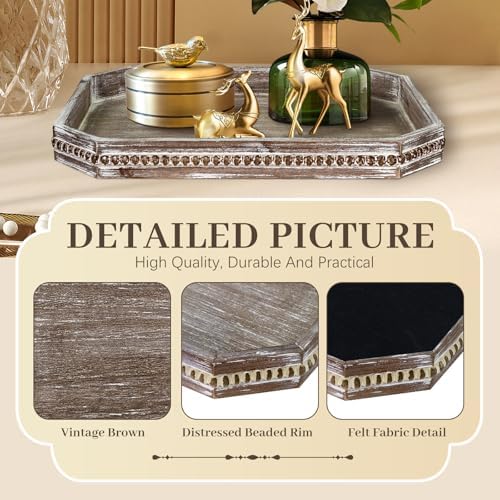 Wooden Decorative Tray, Rustic Serving Tray with Wood Bead, Farmhouse Big Tray for Ottoman, Countertop, Coffee Tabl, 16.5" x 13"x 1.6" (Retro Brown)