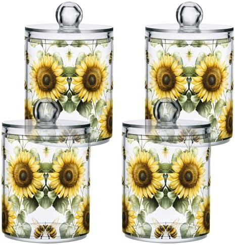 MNSRUU 2 Pack Qtip Holder Organizer Dispenser Flower Sunflower Bee Bathroom Storage Canister Cotton Ball Holder Bathroom Containers for Cotton Swabs/Pads/Floss