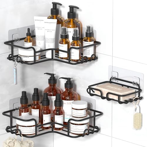 YASONIC Corner Shower Caddy, 3 Pack Adhesive Shower Organizer with Soap Holder and 12 Hooks, Rustproof Bathroom Organizer, No Drilling Shower Shelves for Inside Shower, Black, YS-K-422