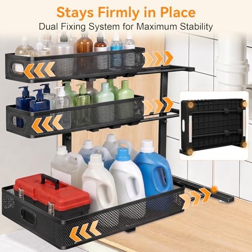 3 Tier Adjustable Under Sink Organizer for Bathroom & Kitchen(1Pack, Black)