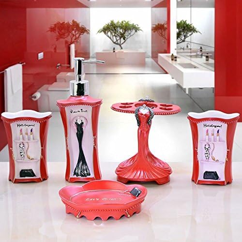 5 Piece Bathroom Accessories Set, Collection Bath Set Features Soap Dispenser, Toothbrush Holder, Tumbler, & Soap Dish (RED)