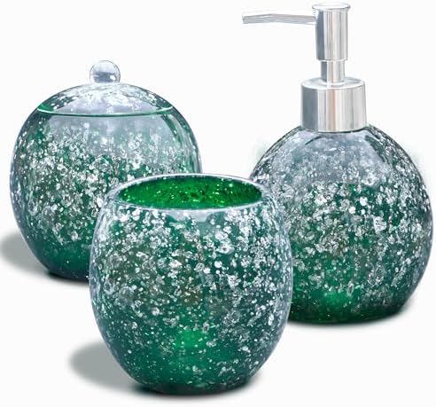 LUANT 3-Piece Resin Bathroom Accessory Set with Dispenser, Tumbler, Cotton Holder, Green