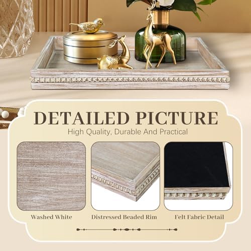 Wooden Decorative Tray, Rectangular Serving Tray with Wood Bead, Farmhouse Big Tray for Ottoman, Countertop, Coffee Tabl, 16.5" x 13"x 1.6" (White Washed)
