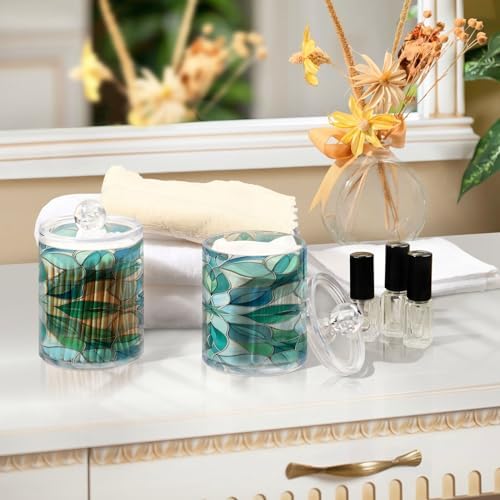 senya Clear Plastic Jars Cotton Swabs Cans, Turquoise Flower Pattern Bathroom Canisters Storage Organizer with Lids 2PCs Set for Cotton Ball, Cotton Swab, flossers, Hair Bands