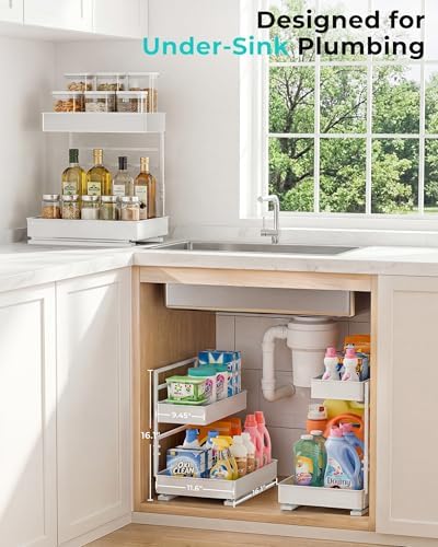 EVERIE Metal Pull Out Slide Shelf Organizer for Framed or Frameless Under Sink CabinetsOrganization in Kitchen, Bathroom, Counter, Cabinets (White, 1 Set)