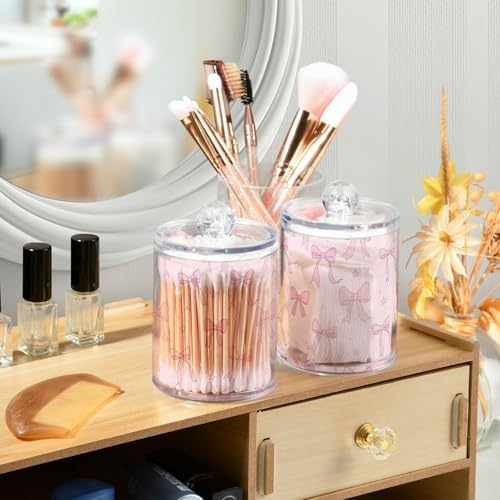 Gredecor 4 Pack Qtip Holder Clear Pink Ribbon Bow Star Apothecary Jars with Lids Acrylic Bathroom Jars Vanity Countertop Canister Storage Organizer for Cotton Ball,Swabs,Pads,Floss