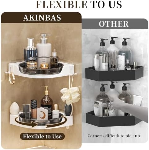 akinbas Corner Shower 3 Tier Caddy Lazy Susan Organizer 360 Rotating Corner Shelf Wall Mounted with No Drilling Shelves for Bathroom Dorm and Kitchen (Black)…