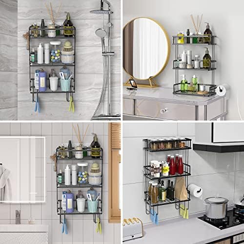 FLOLXNB Over The Toilet Storage Shelf, 3-Tier Bathroom Storage Organizer Upgrade Punch-Free Toliet Storage Shelf, Home Storage Rack with Hooks Shelf,Black